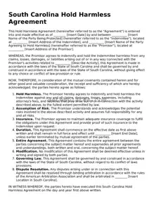 Legal South Carolina Hold Harmless Agreement Form