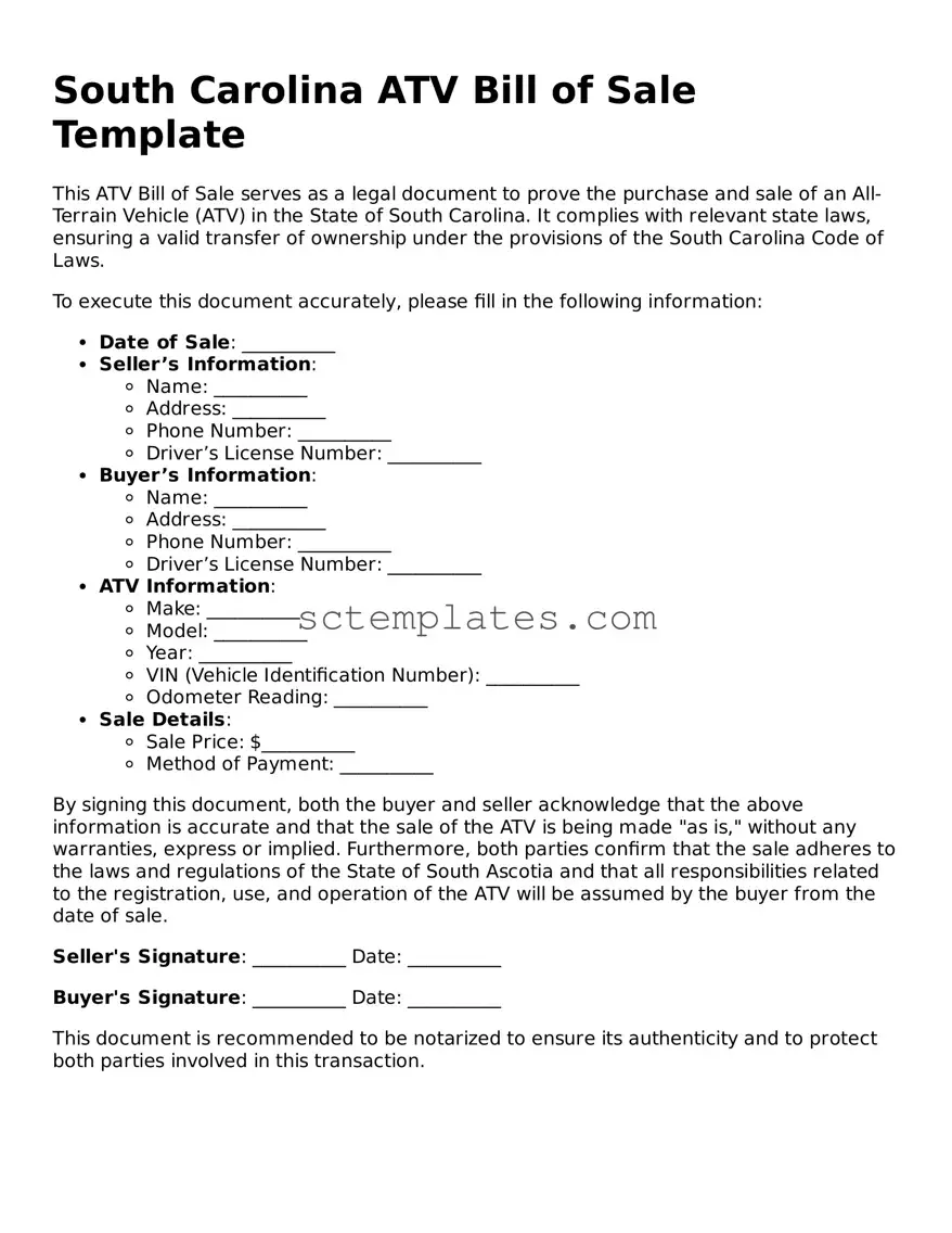 Legal South Carolina ATV Bill of Sale Form