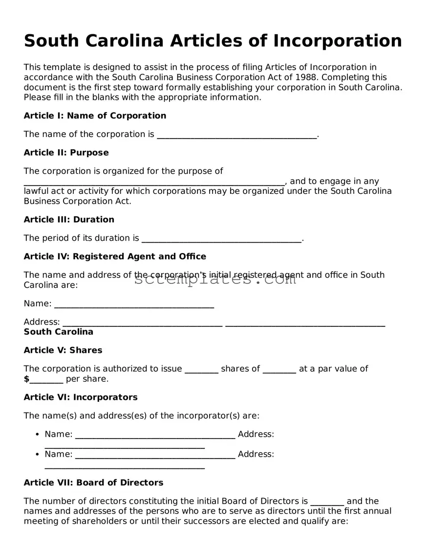 Legal South Carolina Articles of Incorporation Form