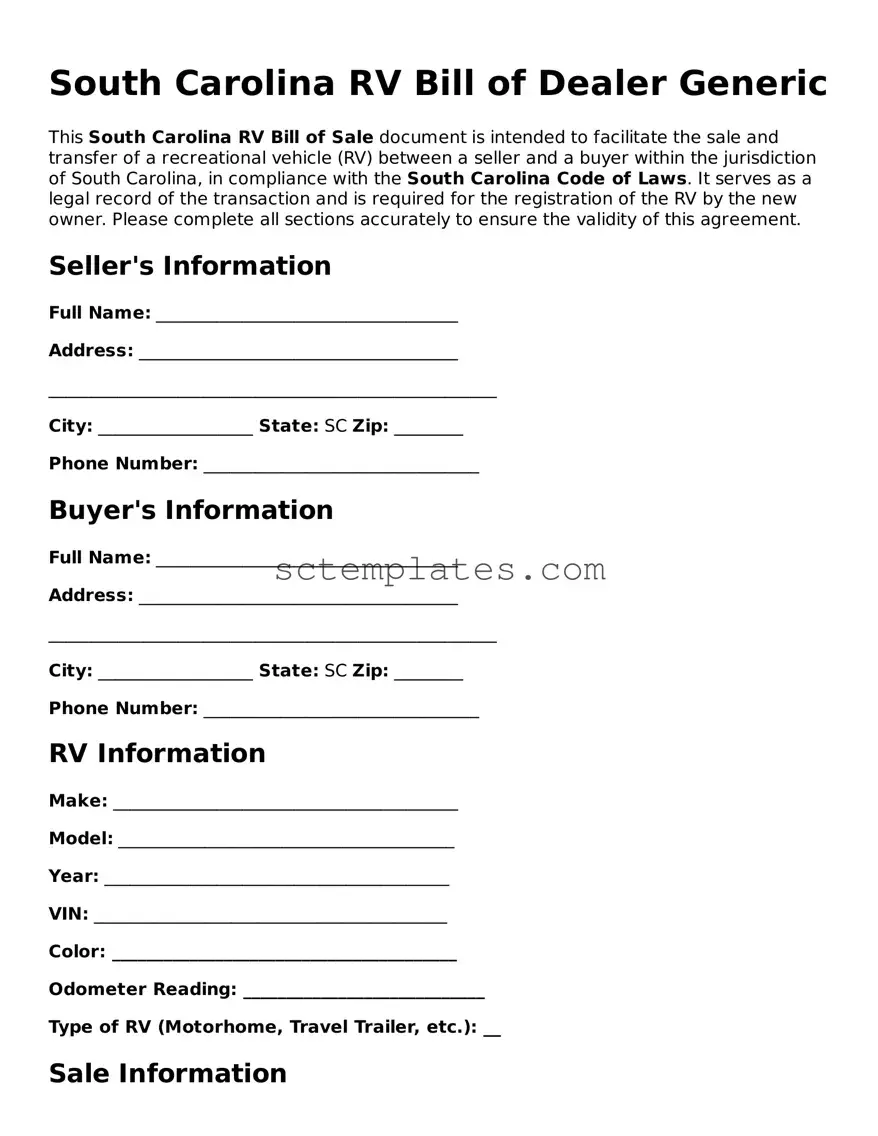 Legal South Carolina RV Bill of Sale Form