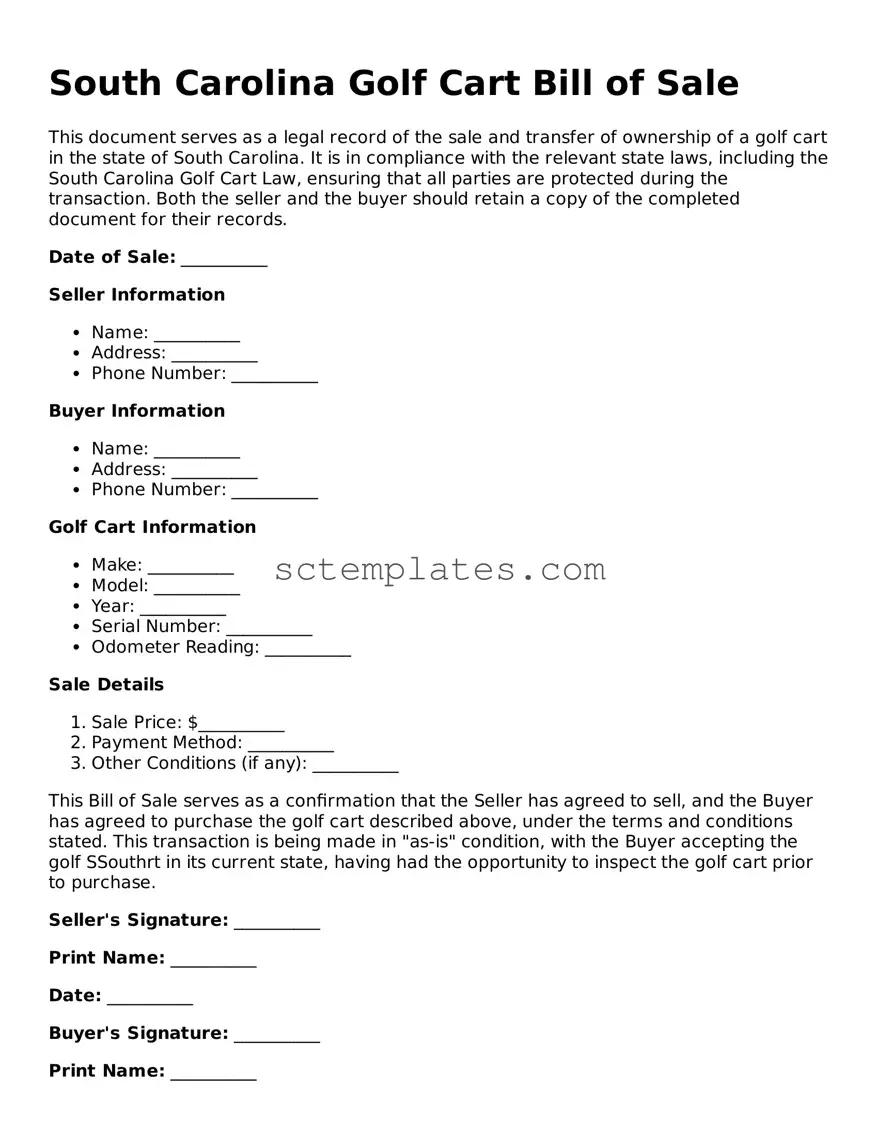 Legal South Carolina Golf Cart Bill of Sale Form