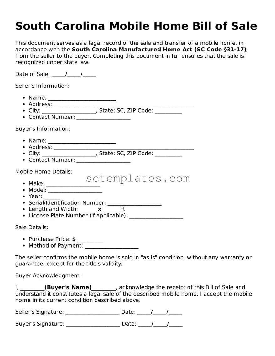 Legal South Carolina Mobile Home Bill of Sale Form