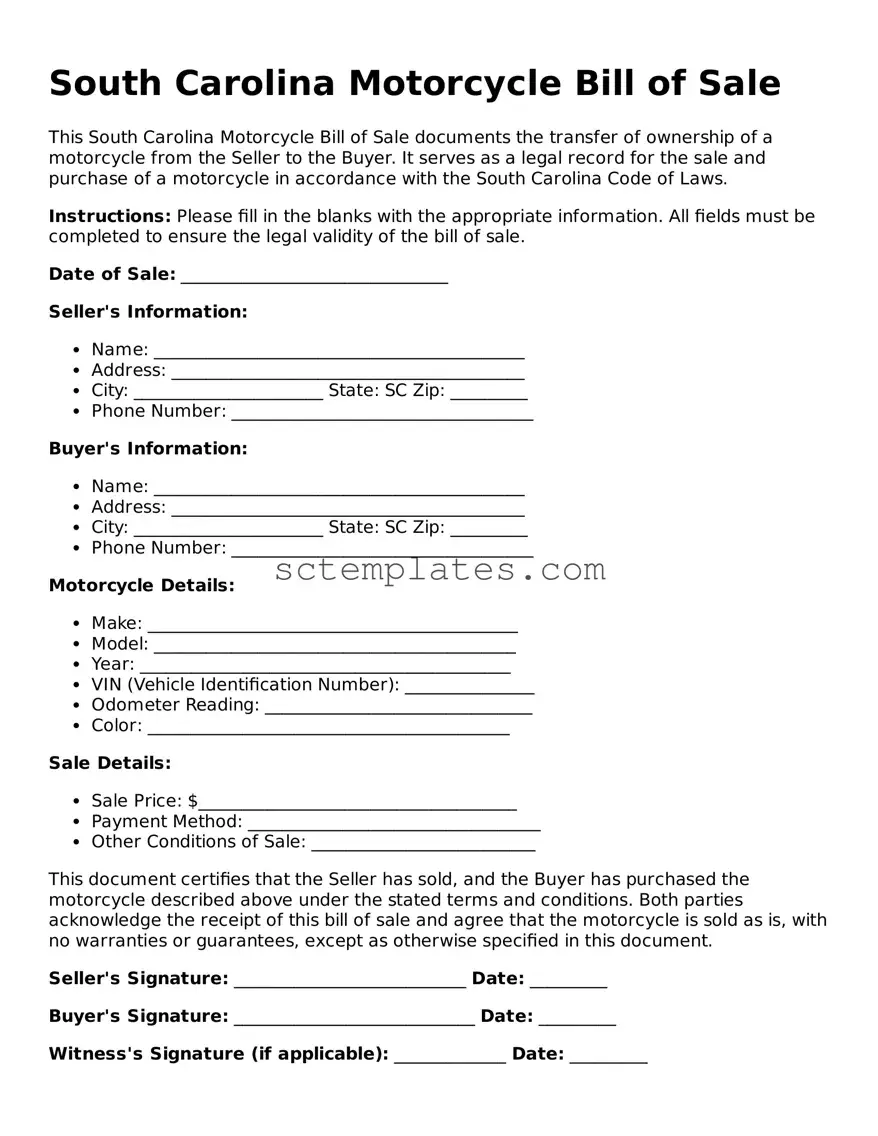 Legal South Carolina Motorcycle Bill of Sale Form