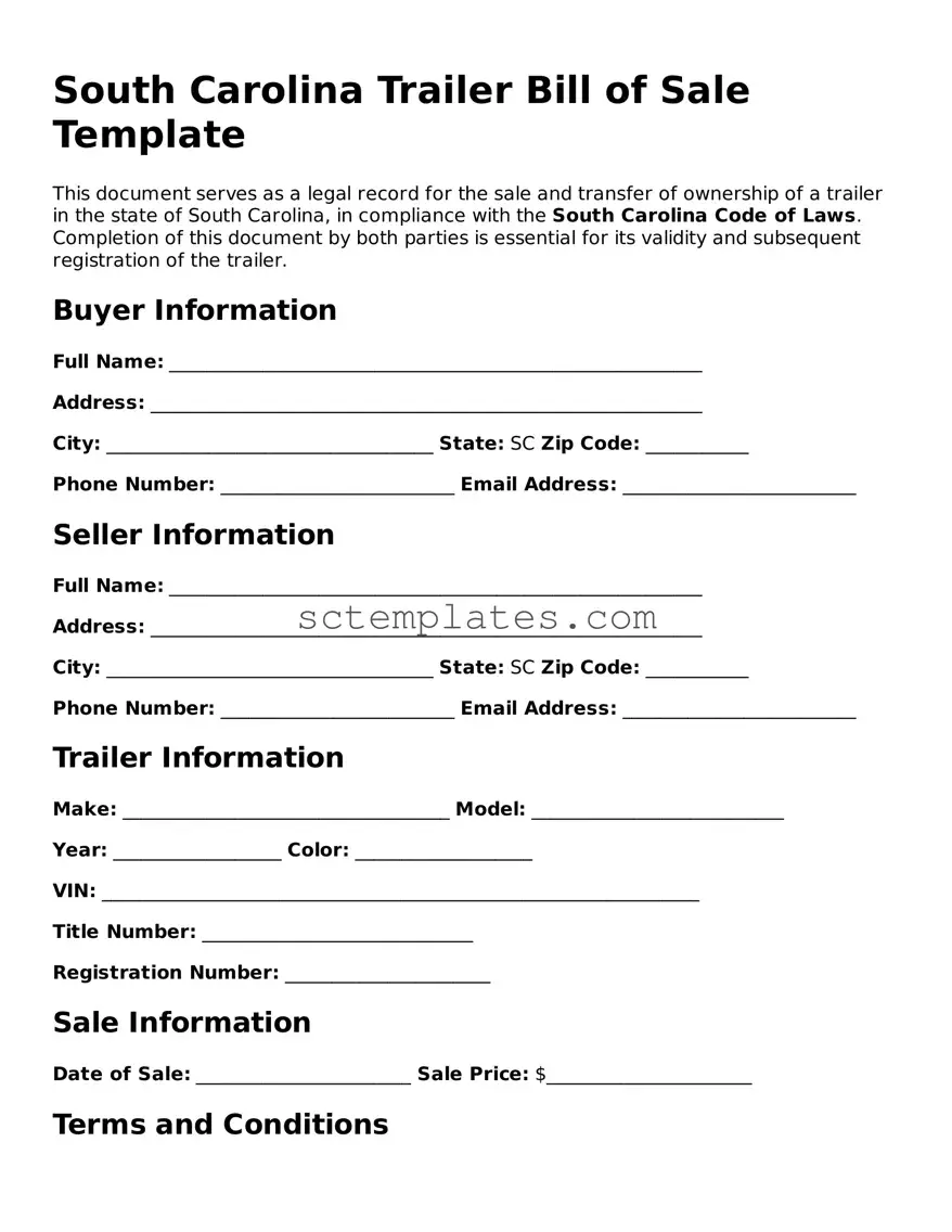 Legal South Carolina Trailer Bill of Sale Form
