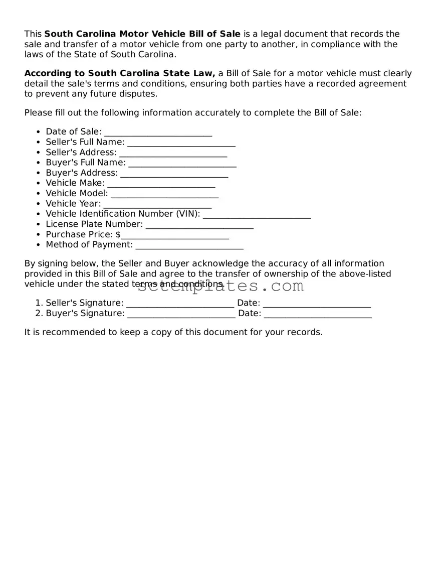Legal South Carolina Motor Vehicle Bill of Sale Form