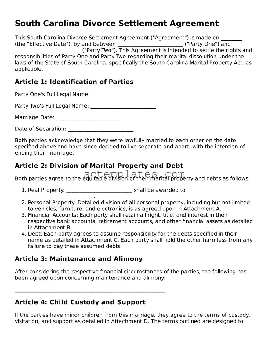 Legal South Carolina Divorce Settlement Agreement Form