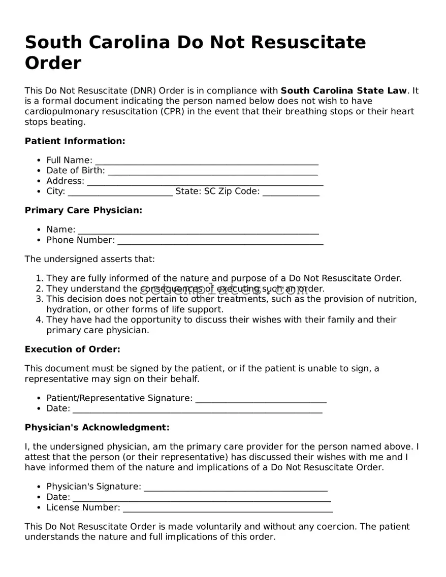 Legal South Carolina Do Not Resuscitate Order Form