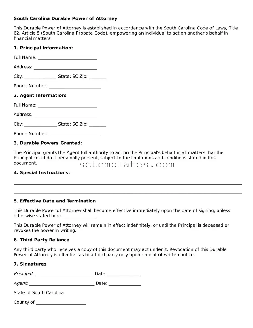 Legal South Carolina Durable Power of Attorney Form