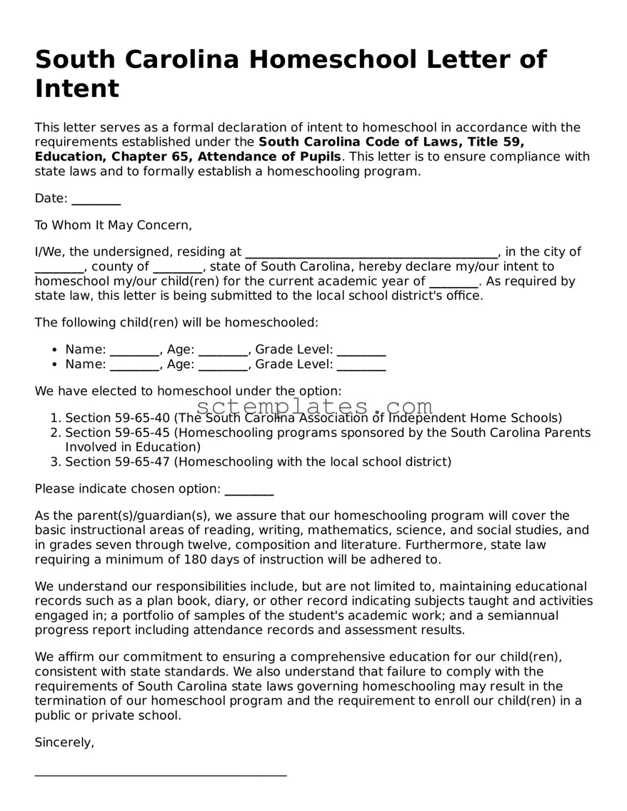 Legal South Carolina Homeschool Letter of Intent Form
