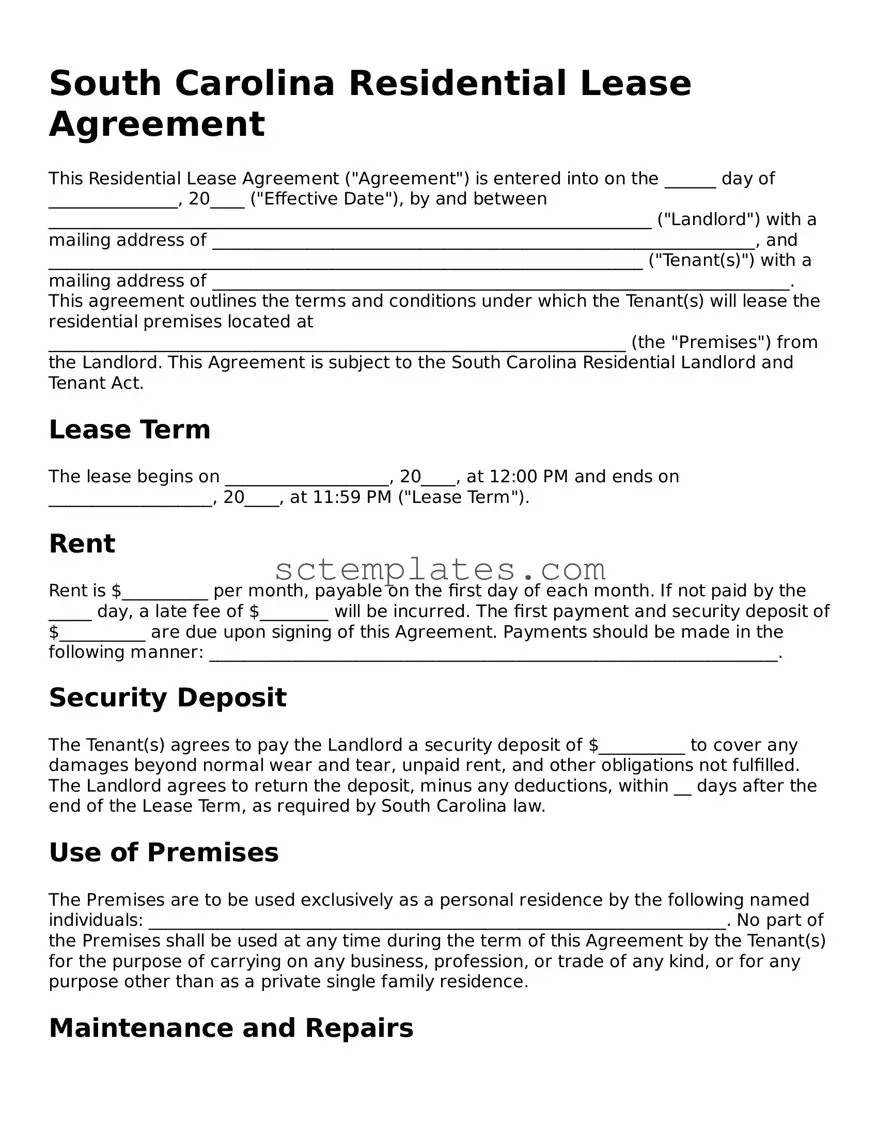 Legal South Carolina Residential Lease Agreement Form