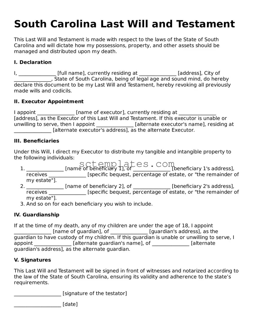 Legal South Carolina Last Will and Testament Form
