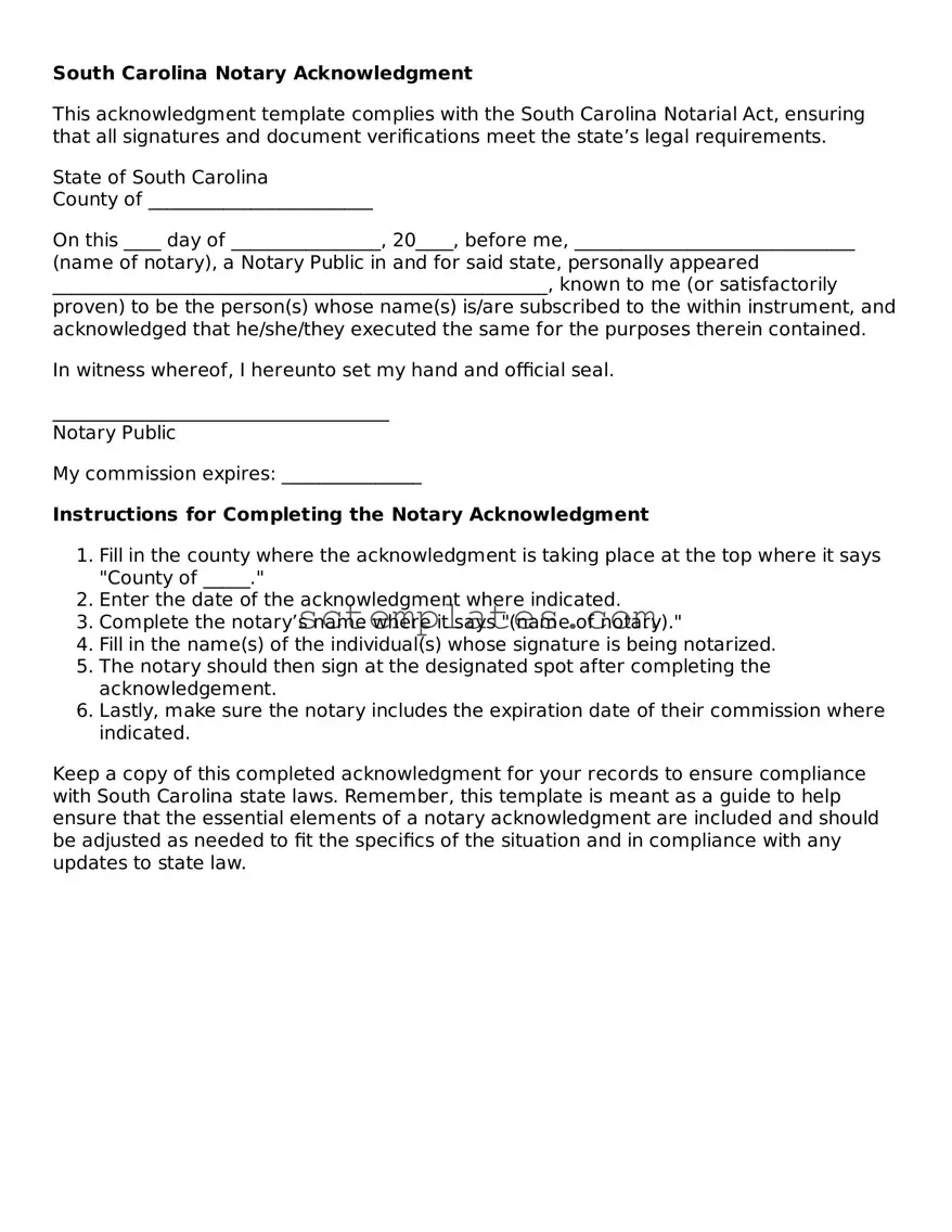 Legal South Carolina Notary Acknowledgement Form