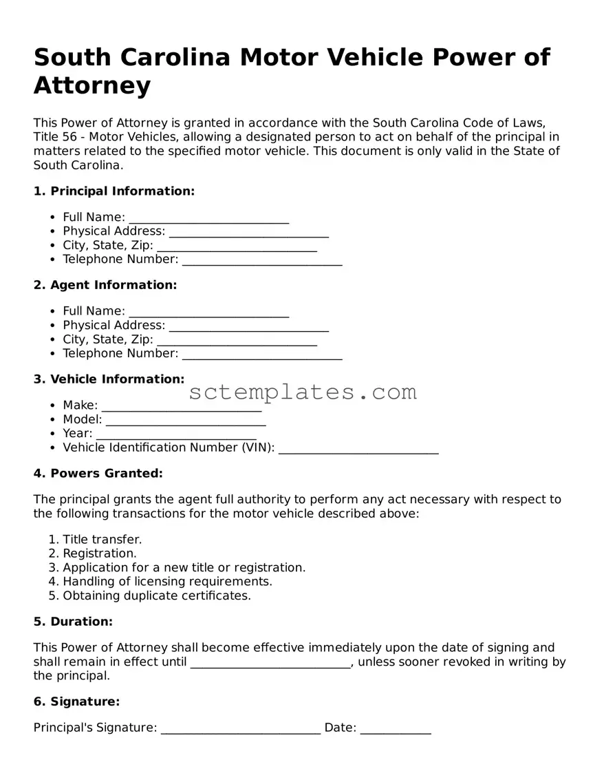 Legal South Carolina Motor Vehicle Power of Attorney Form