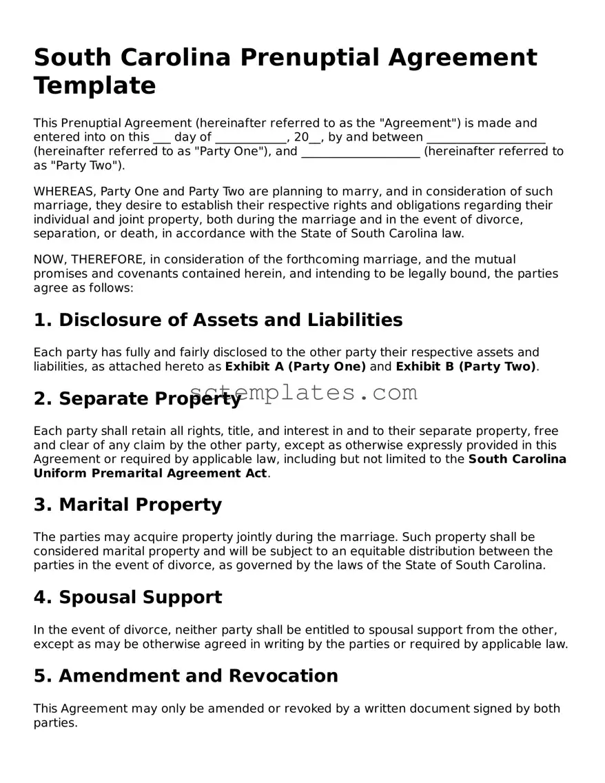 Legal South Carolina Prenuptial Agreement Form