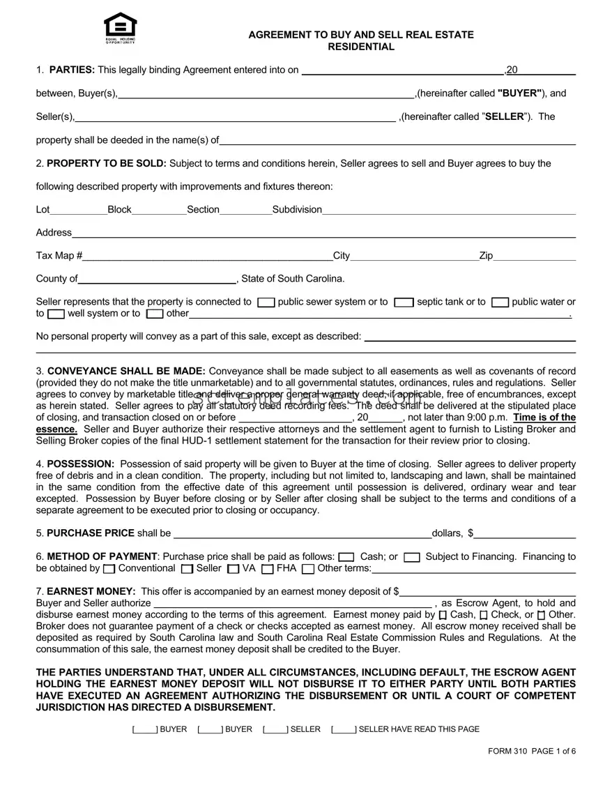 Fill Your South Carolina Real Estate Contract 310 Template