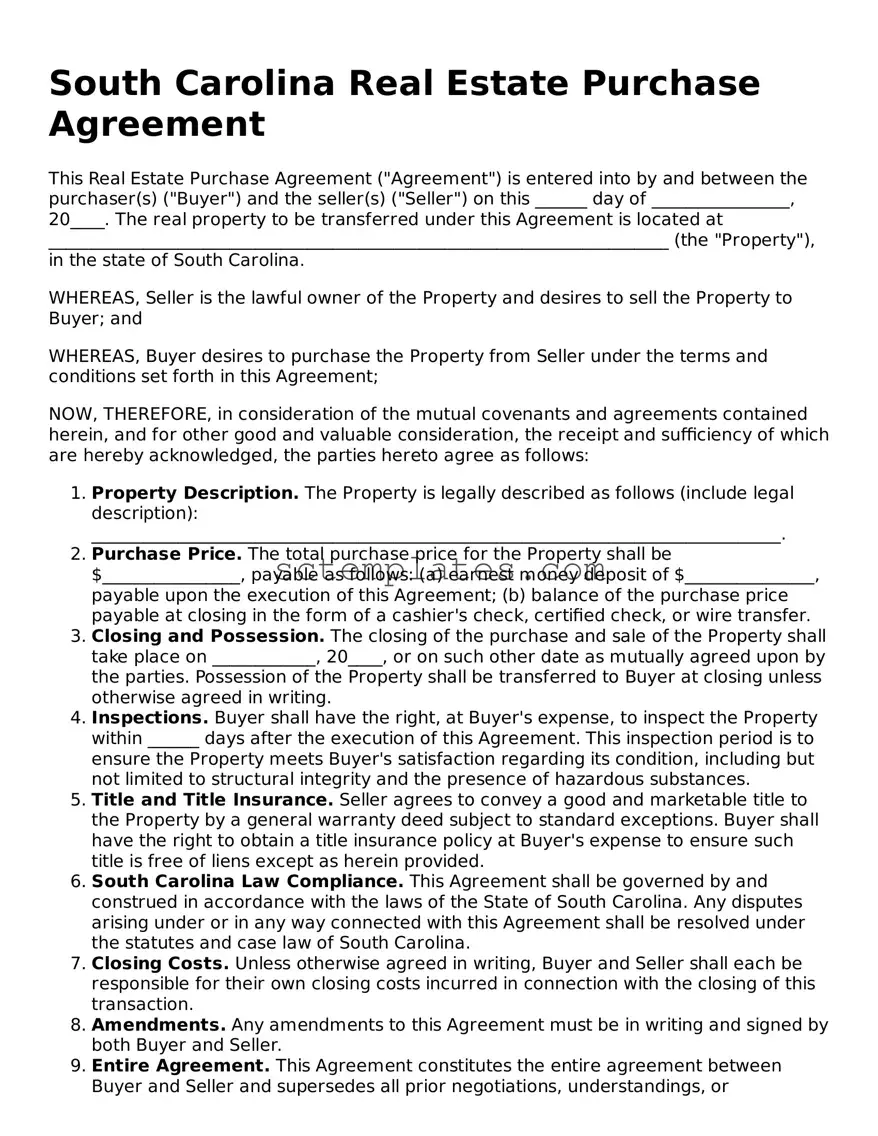Legal South Carolina Real Estate Purchase Agreement Form