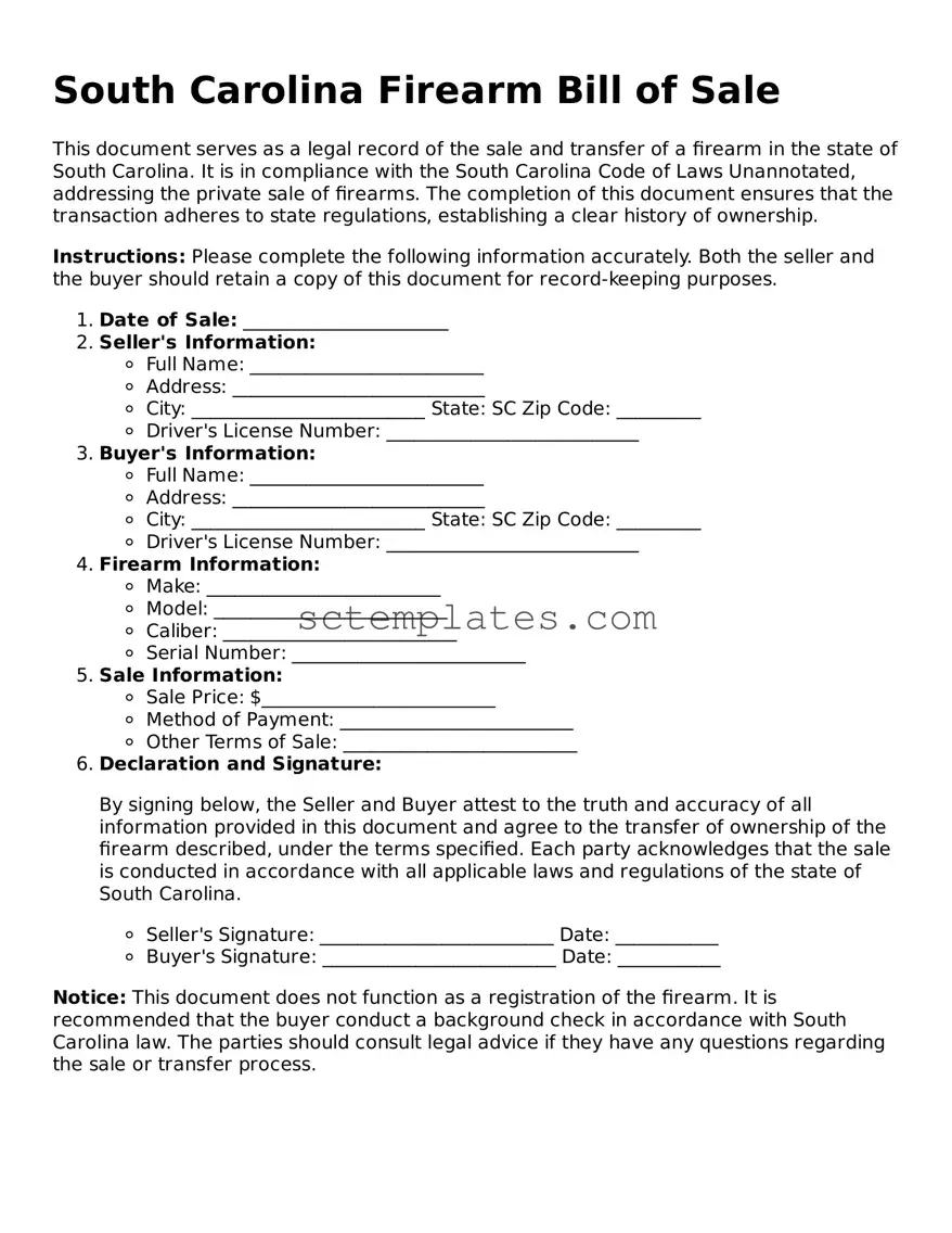 Legal South Carolina Firearm Bill of Sale Form