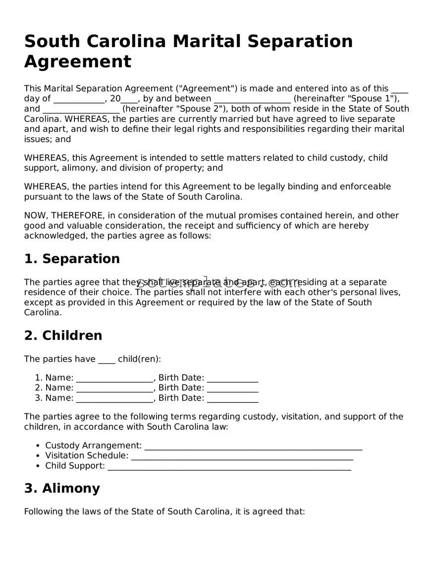 Legal South Carolina Marital Separation Agreement Form