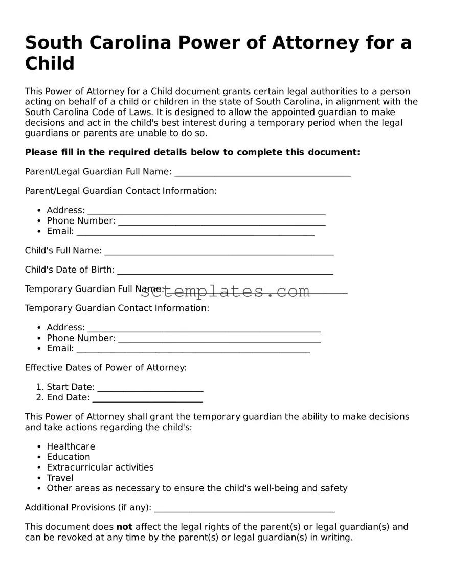 Legal South Carolina Power of Attorney for a Child Form