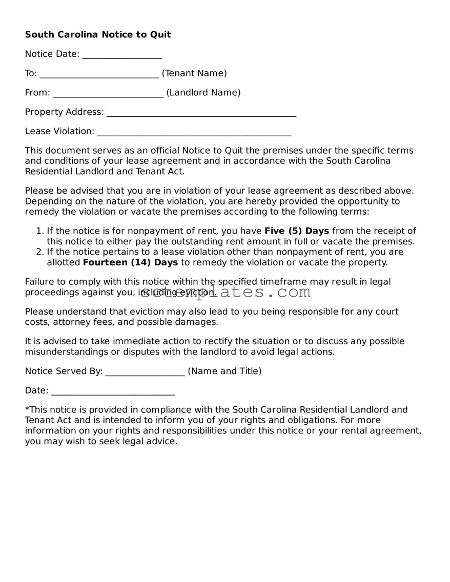 Legal South Carolina Notice to Quit Form