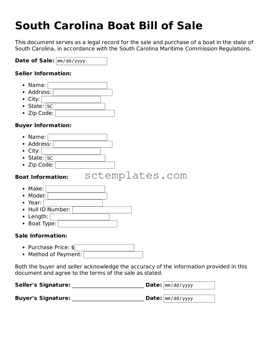 Legal South Carolina Boat Bill of Sale Form