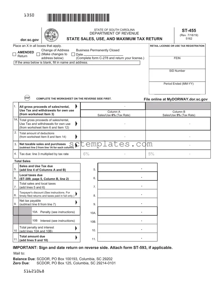 Fill Your State Of South Carolina St455 Template